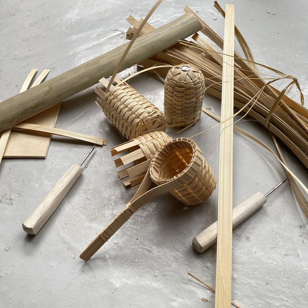 Woven rattan baskets and crafting tools