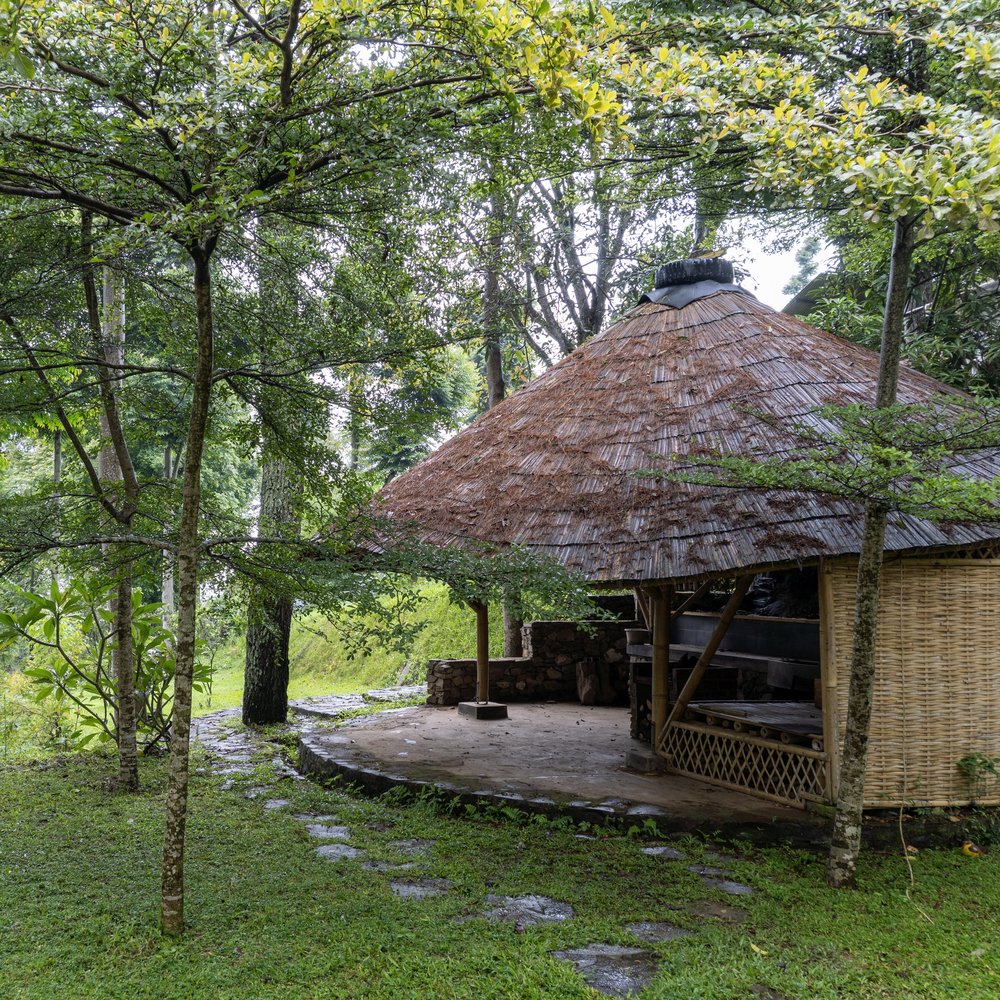 Thatched-roof grilling pavilion in the garden