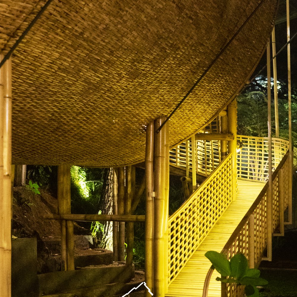 Woven bamboo walkway lit up at night