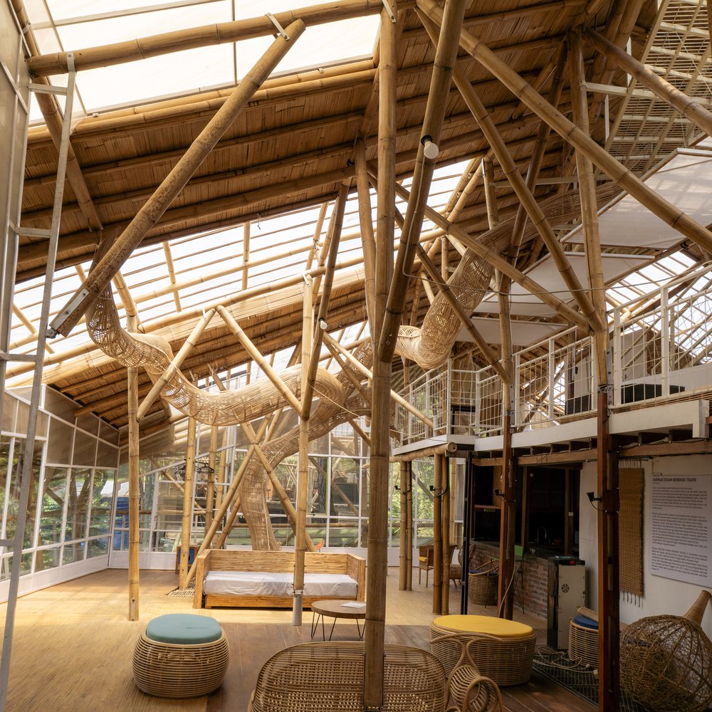 The main lounge space with bamboo furniture
